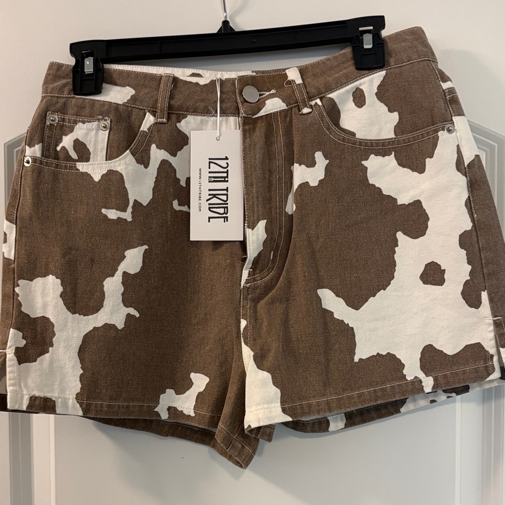 12th Tribe Brown and White Cow Print Jean Shorts